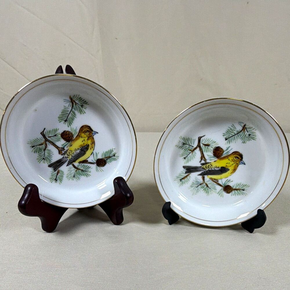 Vintage Japan Evening Grosbeak B6 Bird Porcelain Butter Pats Gold Trim Set of 2